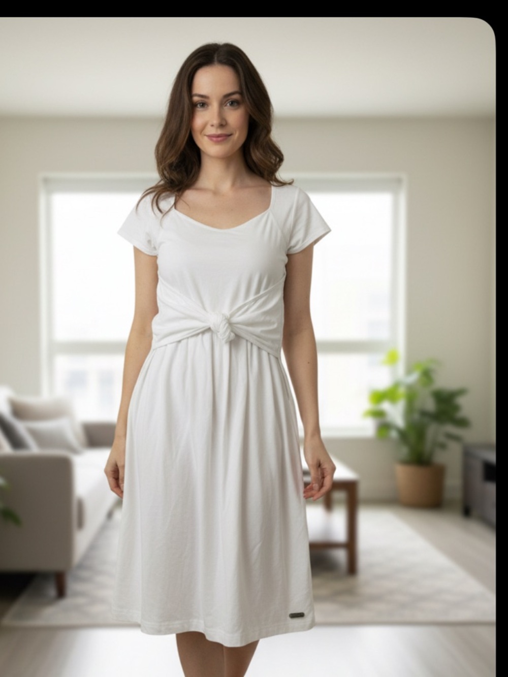 White Knot-Front Midi Dress